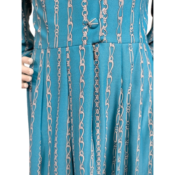 Vintage Chain Print Midi Dress | 60s 70s Mod Boho | Long Sleeve, Size Large - Picture 5 of 10